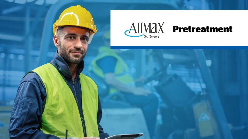 man in yellow hard hat and high visibility vest, logo of Synexus pretreatment software in the corner